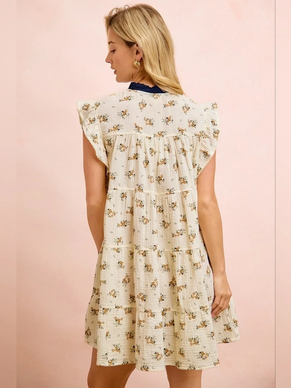 BiBi Floral Multi-tierd Dress With Ruffles And Front Tie- Cream Navy - Picture 5 of 13